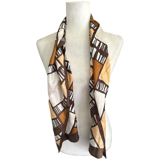 Adrienne Landau Silk Scarf Women's Brown Geometric Oblong 11" x 53" Rectangle - Picture 1 of 5